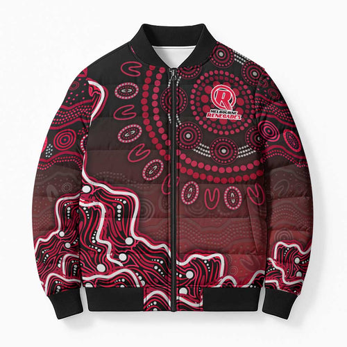 Melbourne Renegades Cricket Mascot Bomber Puffer Jacket Aboriginal Dot Art Red And Black Tribal Pattern