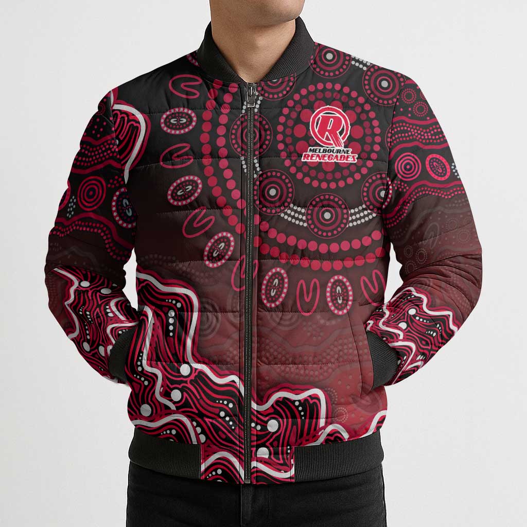 Melbourne Renegades Cricket Mascot Bomber Puffer Jacket Aboriginal Dot Art Red And Black Tribal Pattern