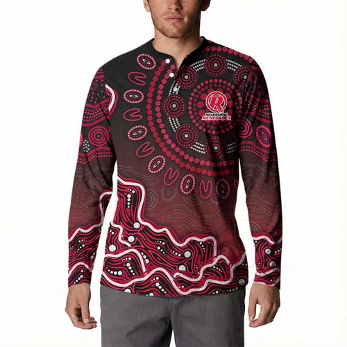 Melbourne Renegades Cricket Mascot Button Sweatshirt Aboriginal Dot Art Red And Black Tribal Pattern