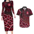 Melbourne Renegades Cricket Mascot Couples Matching Long Sleeve Bodycon Dress and Hawaiian Shirt Aboriginal Dot Art Red And Black Tribal Pattern