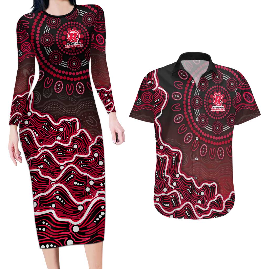 Melbourne Renegades Cricket Mascot Couples Matching Long Sleeve Bodycon Dress and Hawaiian Shirt Aboriginal Dot Art Red And Black Tribal Pattern