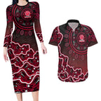Melbourne Renegades Cricket Mascot Couples Matching Long Sleeve Bodycon Dress and Hawaiian Shirt Aboriginal Dot Art Red And Black Tribal Pattern