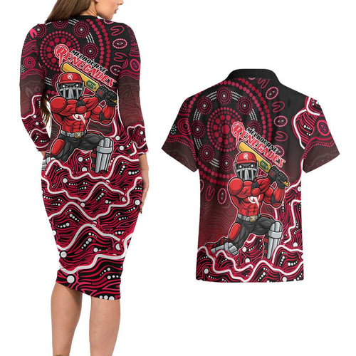 Melbourne Renegades Cricket Mascot Couples Matching Long Sleeve Bodycon Dress and Hawaiian Shirt Aboriginal Dot Art Red And Black Tribal Pattern