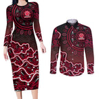 Melbourne Renegades Cricket Mascot Couples Matching Long Sleeve Bodycon Dress and Long Sleeve Button Shirt Aboriginal Dot Art Red And Black Tribal Pattern
