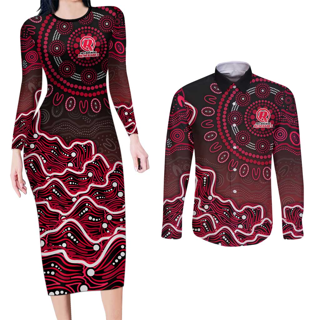 Melbourne Renegades Cricket Mascot Couples Matching Long Sleeve Bodycon Dress and Long Sleeve Button Shirt Aboriginal Dot Art Red And Black Tribal Pattern