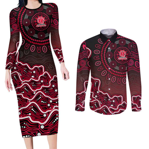 Melbourne Renegades Cricket Mascot Couples Matching Long Sleeve Bodycon Dress and Long Sleeve Button Shirt Aboriginal Dot Art Red And Black Tribal Pattern