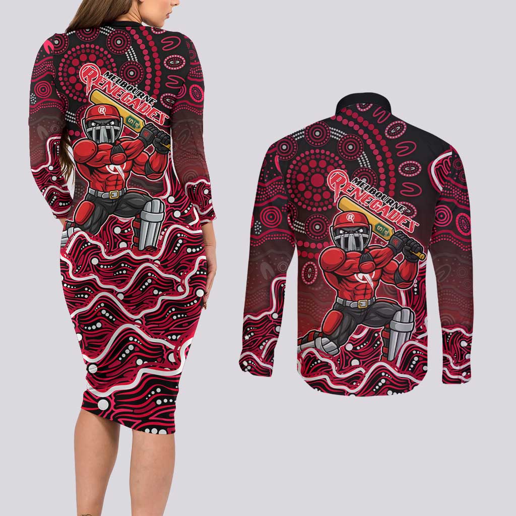 Melbourne Renegades Cricket Mascot Couples Matching Long Sleeve Bodycon Dress and Long Sleeve Button Shirt Aboriginal Dot Art Red And Black Tribal Pattern