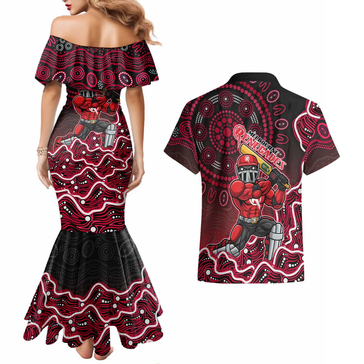 Melbourne Renegades Cricket Mascot Couples Matching Mermaid Dress and Hawaiian Shirt Aboriginal Dot Art Red And Black Tribal Pattern