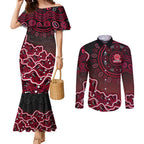 Melbourne Renegades Cricket Mascot Couples Matching Mermaid Dress and Long Sleeve Button Shirt Aboriginal Dot Art Red And Black Tribal Pattern