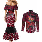Melbourne Renegades Cricket Mascot Couples Matching Mermaid Dress and Long Sleeve Button Shirt Aboriginal Dot Art Red And Black Tribal Pattern