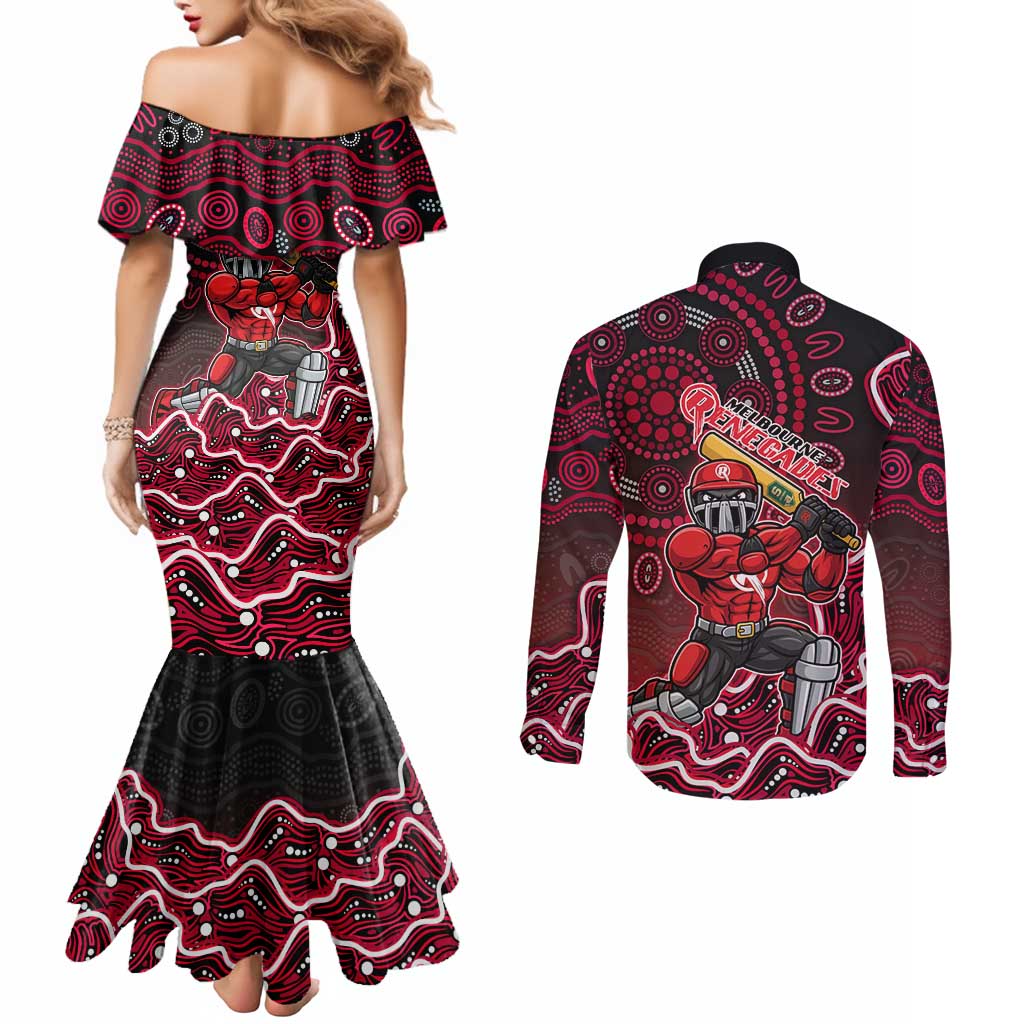 Melbourne Renegades Cricket Mascot Couples Matching Mermaid Dress and Long Sleeve Button Shirt Aboriginal Dot Art Red And Black Tribal Pattern