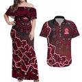 Melbourne Renegades Cricket Mascot Couples Matching Off Shoulder Maxi Dress and Hawaiian Shirt Aboriginal Dot Art Red And Black Tribal Pattern