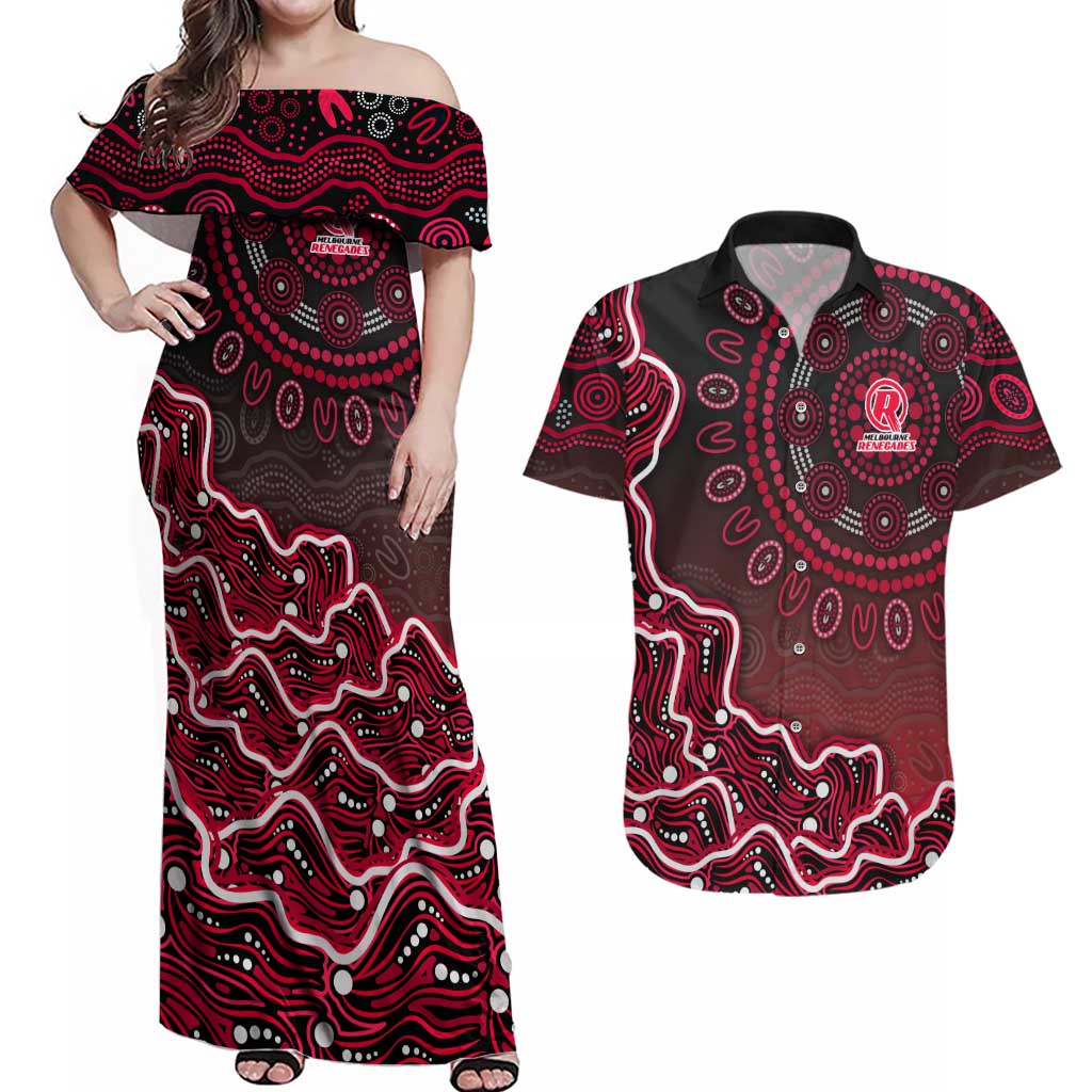 Melbourne Renegades Cricket Mascot Couples Matching Off Shoulder Maxi Dress and Hawaiian Shirt Aboriginal Dot Art Red And Black Tribal Pattern