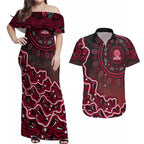 Melbourne Renegades Cricket Mascot Couples Matching Off Shoulder Maxi Dress and Hawaiian Shirt Aboriginal Dot Art Red And Black Tribal Pattern