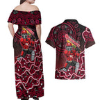 Melbourne Renegades Cricket Mascot Couples Matching Off Shoulder Maxi Dress and Hawaiian Shirt Aboriginal Dot Art Red And Black Tribal Pattern