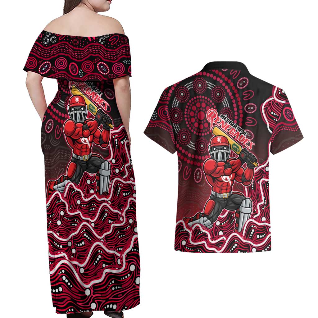 Melbourne Renegades Cricket Mascot Couples Matching Off Shoulder Maxi Dress and Hawaiian Shirt Aboriginal Dot Art Red And Black Tribal Pattern