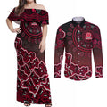 Melbourne Renegades Cricket Mascot Couples Matching Off Shoulder Maxi Dress and Long Sleeve Button Shirt Aboriginal Dot Art Red And Black Tribal Pattern