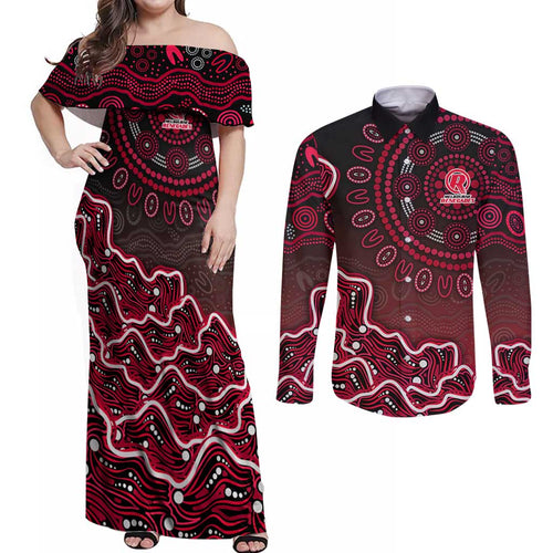 Melbourne Renegades Cricket Mascot Couples Matching Off Shoulder Maxi Dress and Long Sleeve Button Shirt Aboriginal Dot Art Red And Black Tribal Pattern