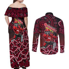 Melbourne Renegades Cricket Mascot Couples Matching Off Shoulder Maxi Dress and Long Sleeve Button Shirt Aboriginal Dot Art Red And Black Tribal Pattern
