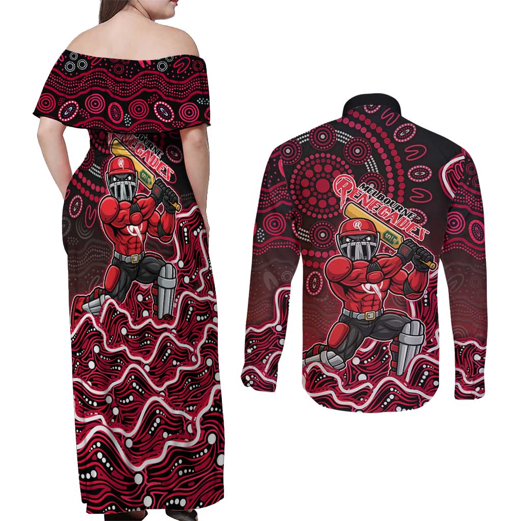Melbourne Renegades Cricket Mascot Couples Matching Off Shoulder Maxi Dress and Long Sleeve Button Shirt Aboriginal Dot Art Red And Black Tribal Pattern