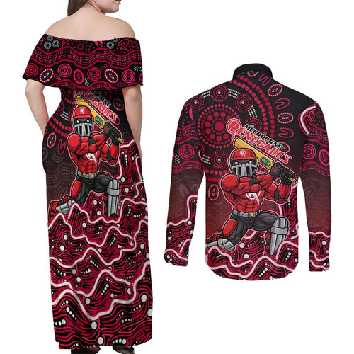Melbourne Renegades Cricket Mascot Couples Matching Off Shoulder Maxi Dress and Long Sleeve Button Shirt Aboriginal Dot Art Red And Black Tribal Pattern