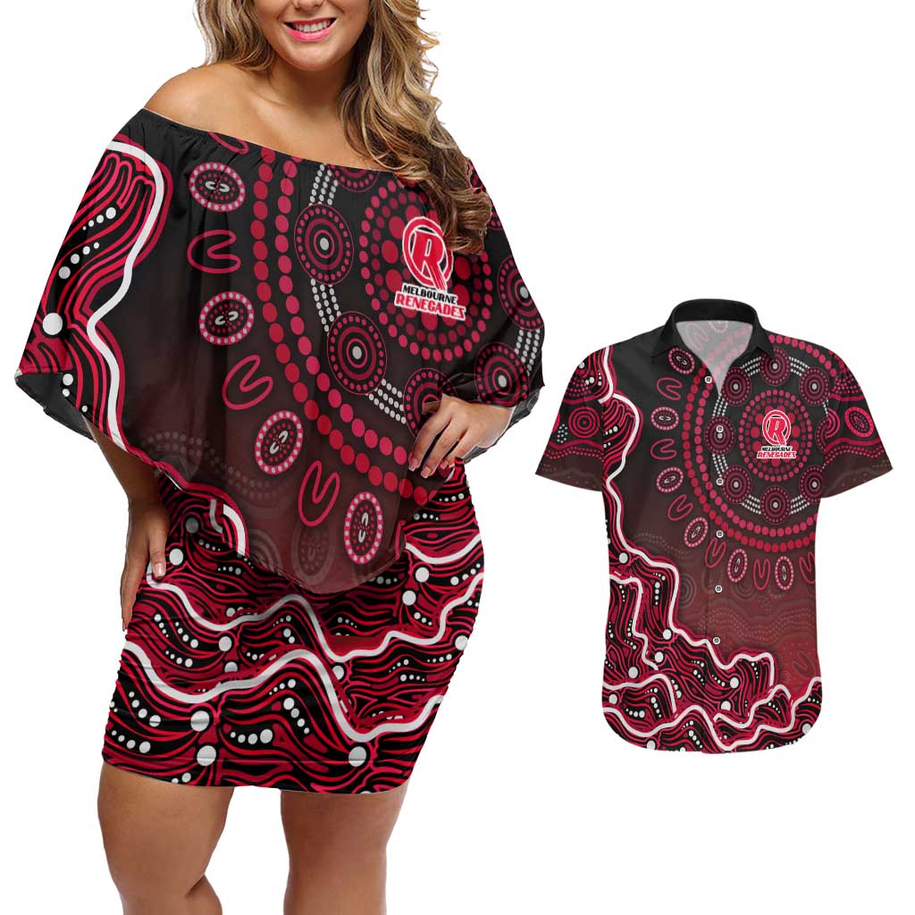 Melbourne Renegades Cricket Mascot Couples Matching Off Shoulder Short Dress and Hawaiian Shirt Aboriginal Dot Art Red And Black Tribal Pattern