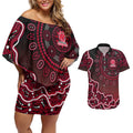 Melbourne Renegades Cricket Mascot Couples Matching Off Shoulder Short Dress and Hawaiian Shirt Aboriginal Dot Art Red And Black Tribal Pattern