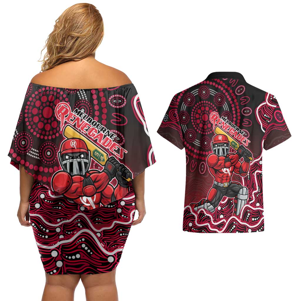 Melbourne Renegades Cricket Mascot Couples Matching Off Shoulder Short Dress and Hawaiian Shirt Aboriginal Dot Art Red And Black Tribal Pattern