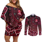 Melbourne Renegades Cricket Mascot Couples Matching Off Shoulder Short Dress and Long Sleeve Button Shirt Aboriginal Dot Art Red And Black Tribal Pattern