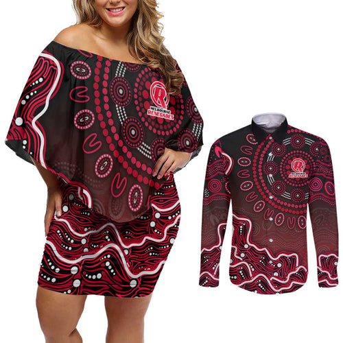 Melbourne Renegades Cricket Mascot Couples Matching Off Shoulder Short Dress and Long Sleeve Button Shirt Aboriginal Dot Art Red And Black Tribal Pattern