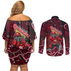 Melbourne Renegades Cricket Mascot Couples Matching Off Shoulder Short Dress and Long Sleeve Button Shirt Aboriginal Dot Art Red And Black Tribal Pattern