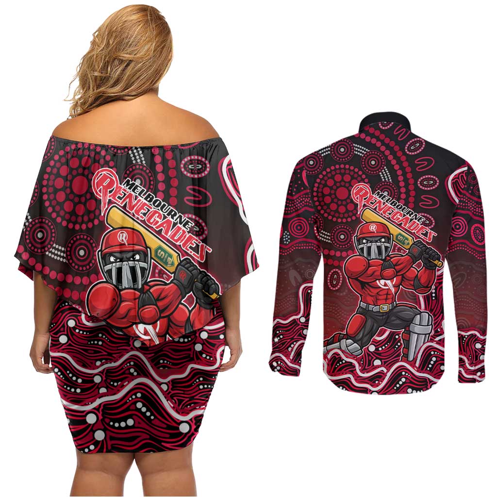 Melbourne Renegades Cricket Mascot Couples Matching Off Shoulder Short Dress and Long Sleeve Button Shirt Aboriginal Dot Art Red And Black Tribal Pattern