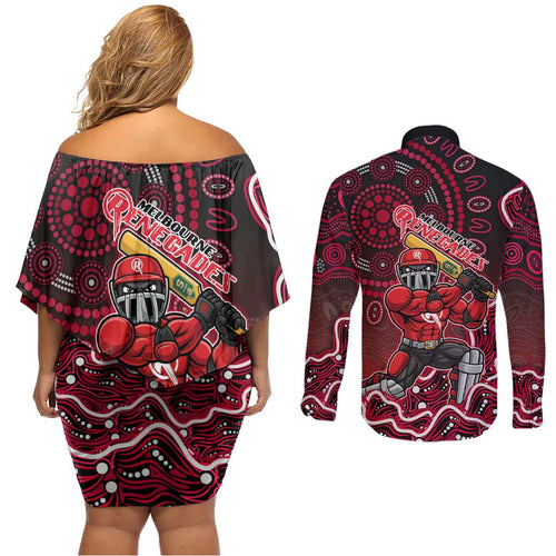 Melbourne Renegades Cricket Mascot Couples Matching Off Shoulder Short Dress and Long Sleeve Button Shirt Aboriginal Dot Art Red And Black Tribal Pattern