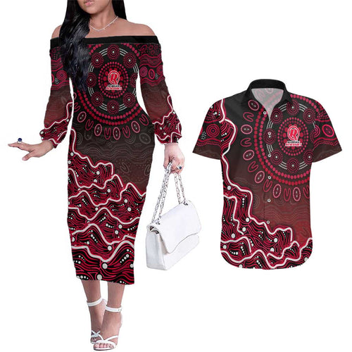 Melbourne Renegades Cricket Mascot Couples Matching Off The Shoulder Long Sleeve Dress and Hawaiian Shirt Aboriginal Dot Art Red And Black Tribal Pattern