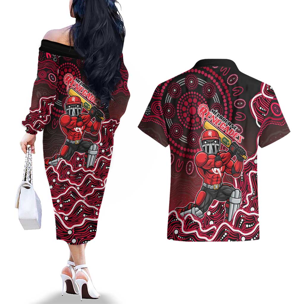 Melbourne Renegades Cricket Mascot Couples Matching Off The Shoulder Long Sleeve Dress and Hawaiian Shirt Aboriginal Dot Art Red And Black Tribal Pattern
