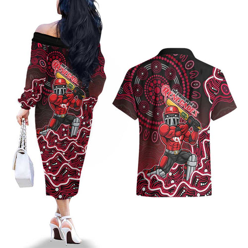 Melbourne Renegades Cricket Mascot Couples Matching Off The Shoulder Long Sleeve Dress and Hawaiian Shirt Aboriginal Dot Art Red And Black Tribal Pattern
