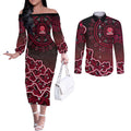 Melbourne Renegades Cricket Mascot Couples Matching Off The Shoulder Long Sleeve Dress and Long Sleeve Button Shirt Aboriginal Dot Art Red And Black Tribal Pattern