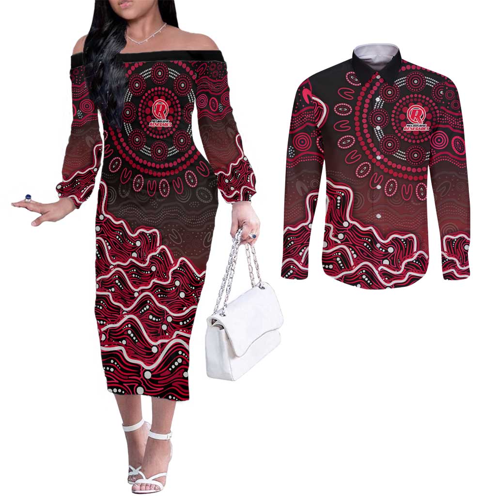 Melbourne Renegades Cricket Mascot Couples Matching Off The Shoulder Long Sleeve Dress and Long Sleeve Button Shirt Aboriginal Dot Art Red And Black Tribal Pattern