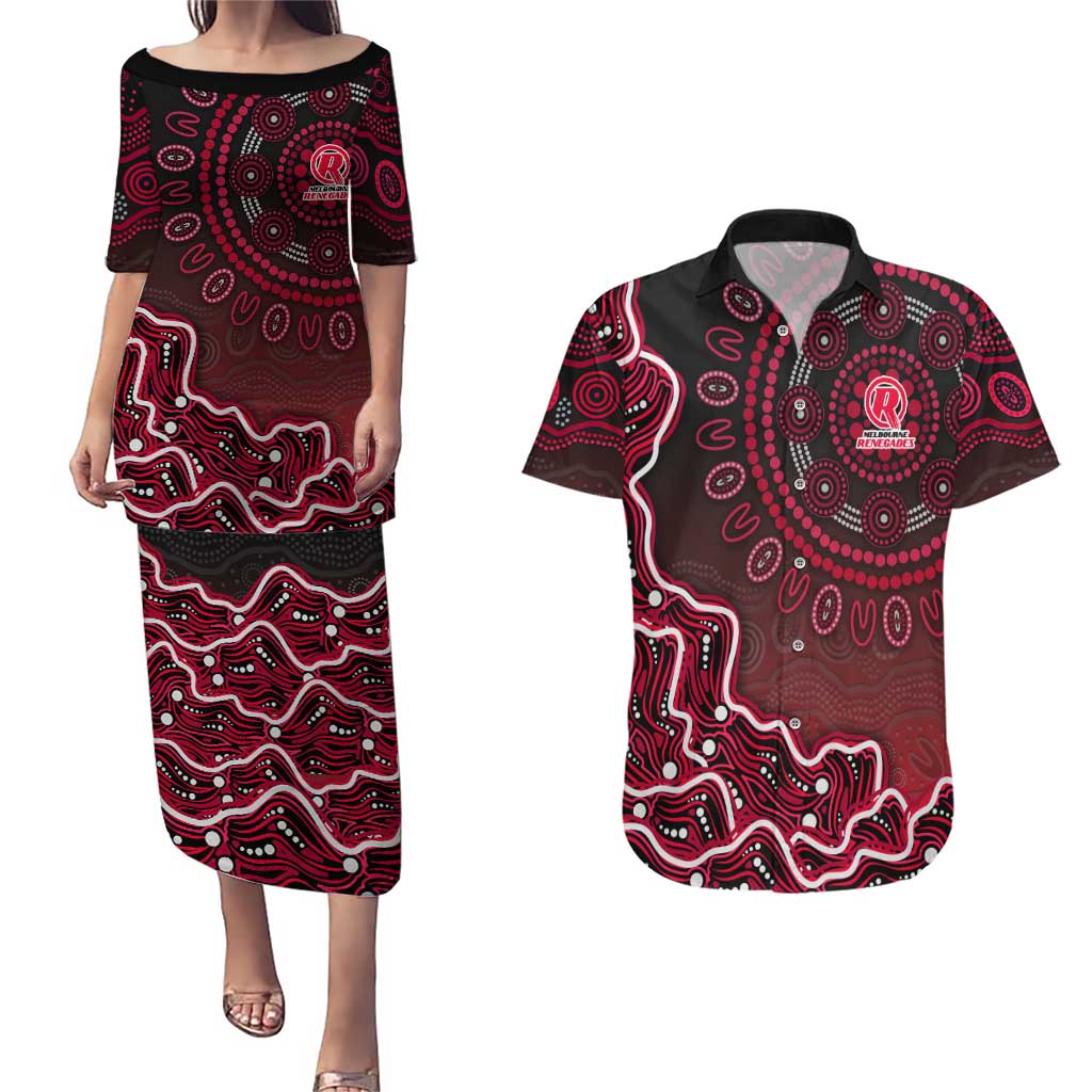 Melbourne Renegades Cricket Mascot Couples Matching Puletasi and Hawaiian Shirt Aboriginal Dot Art Red And Black Tribal Pattern