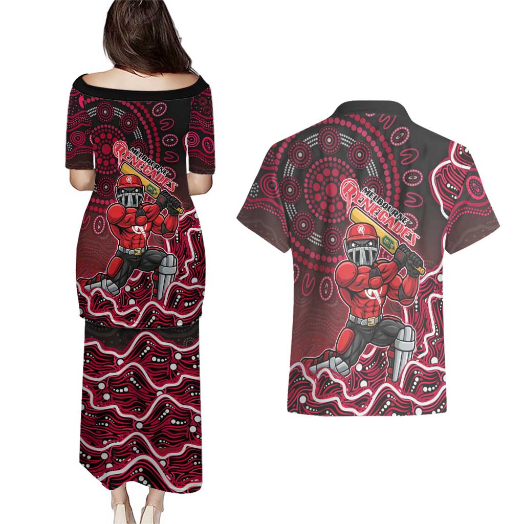 Melbourne Renegades Cricket Mascot Couples Matching Puletasi and Hawaiian Shirt Aboriginal Dot Art Red And Black Tribal Pattern