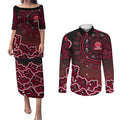 Melbourne Renegades Cricket Mascot Couples Matching Puletasi and Long Sleeve Button Shirt Aboriginal Dot Art Red And Black Tribal Pattern