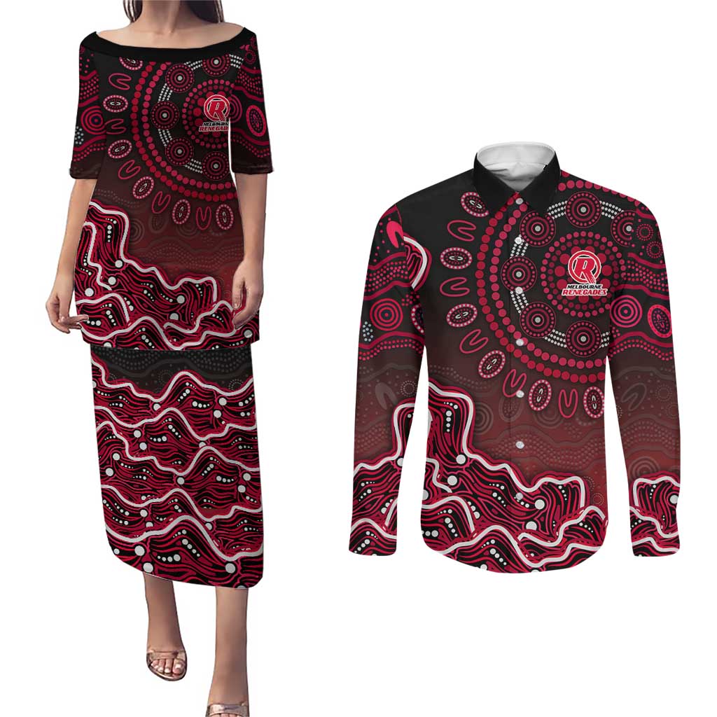Melbourne Renegades Cricket Mascot Couples Matching Puletasi and Long Sleeve Button Shirt Aboriginal Dot Art Red And Black Tribal Pattern