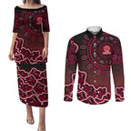 Melbourne Renegades Cricket Mascot Couples Matching Puletasi and Long Sleeve Button Shirt Aboriginal Dot Art Red And Black Tribal Pattern