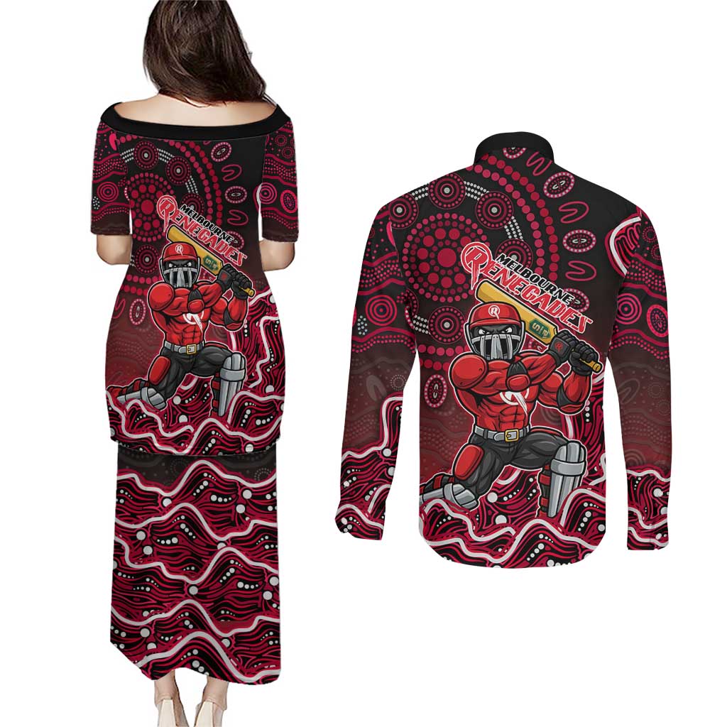 Melbourne Renegades Cricket Mascot Couples Matching Puletasi and Long Sleeve Button Shirt Aboriginal Dot Art Red And Black Tribal Pattern