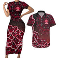 Melbourne Renegades Cricket Mascot Couples Matching Short Sleeve Bodycon Dress and Hawaiian Shirt Aboriginal Dot Art Red And Black Tribal Pattern