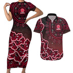 Melbourne Renegades Cricket Mascot Couples Matching Short Sleeve Bodycon Dress and Hawaiian Shirt Aboriginal Dot Art Red And Black Tribal Pattern