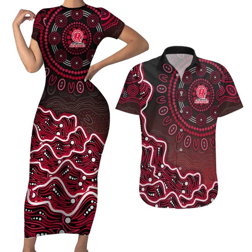 Melbourne Renegades Cricket Mascot Couples Matching Short Sleeve Bodycon Dress and Hawaiian Shirt Aboriginal Dot Art Red And Black Tribal Pattern
