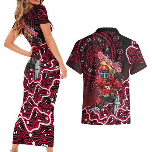 Melbourne Renegades Cricket Mascot Couples Matching Short Sleeve Bodycon Dress and Hawaiian Shirt Aboriginal Dot Art Red And Black Tribal Pattern