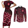 Melbourne Renegades Cricket Mascot Couples Matching Short Sleeve Bodycon Dress and Long Sleeve Button Shirt Aboriginal Dot Art Red And Black Tribal Pattern