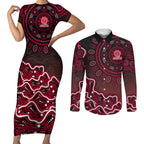 Melbourne Renegades Cricket Mascot Couples Matching Short Sleeve Bodycon Dress and Long Sleeve Button Shirt Aboriginal Dot Art Red And Black Tribal Pattern